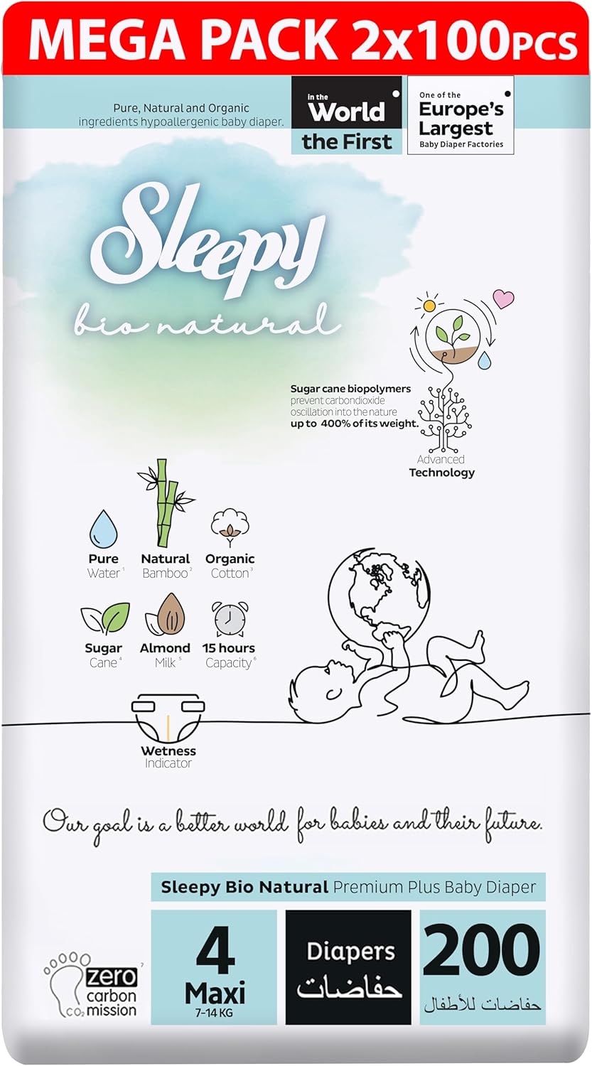 Sleepy Bio Natural Premium Size 4 Diapers | 200 Count | Hypoallergenic & Eco-Friendly